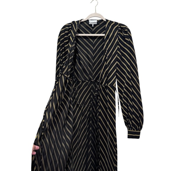 GANNI Striped Long Sleeve Wrap Maxi Dress Size EU 36/S/US 4 Black Gold - Picture 11 of 16